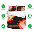 Baseball bedding set displayed with matching pillowcases, fiery artwork, and black diamond background