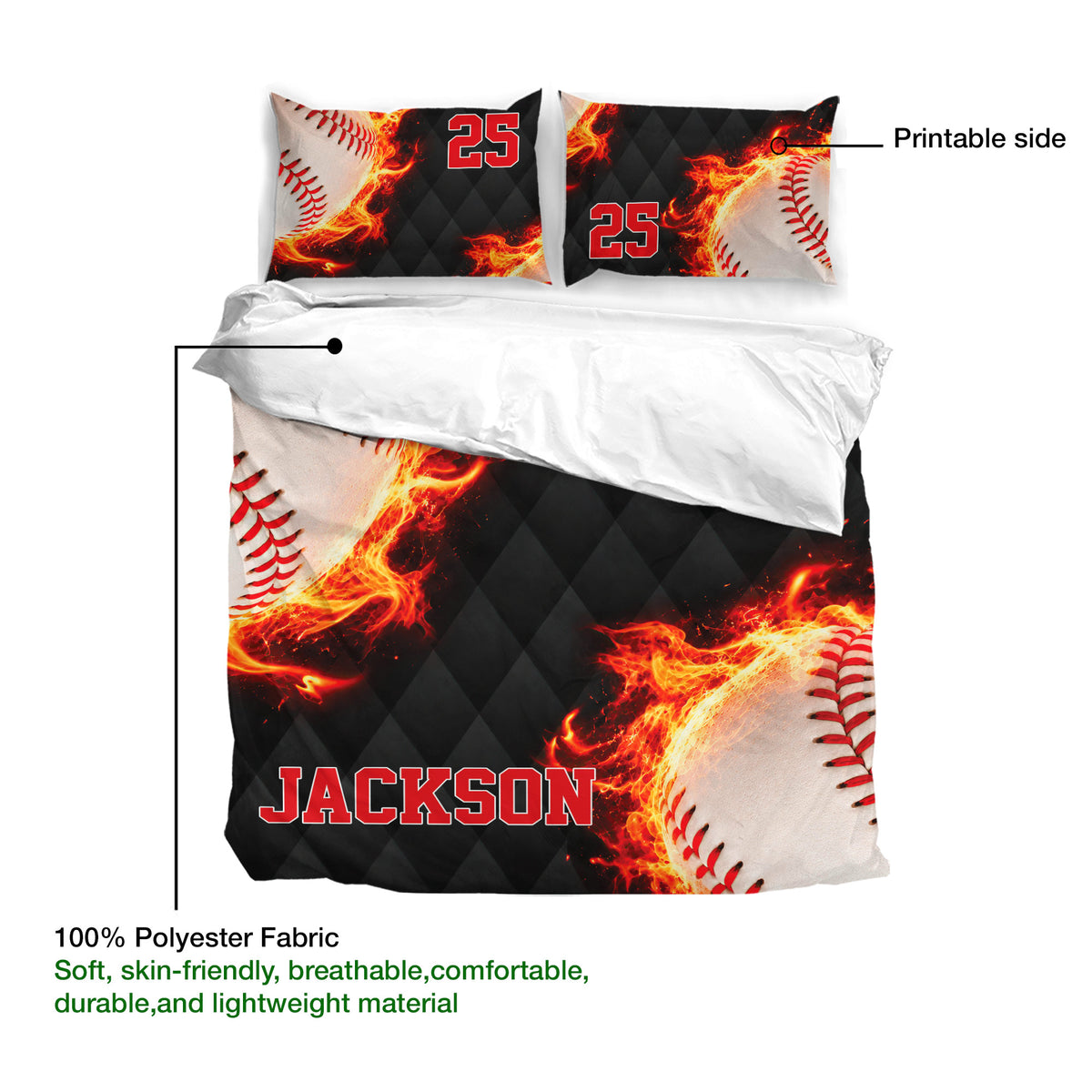 Baseball duvet cover set detail showing the printable side, fiery baseball artwork, and soft fabric design