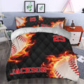 Baseball bedding styled in a bedroom with fiery baseball graphics, black background, and red accents