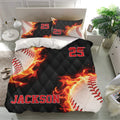Custom baseball duvet cover bedding set shown on a bed with matching pillowcases and bold sports artwork