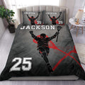 Custom lacrosse duvet cover set displayed on a bed with black, gray, and red player artwork