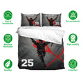 Lacrosse bedding set shown with bold player artwork and soft, breathable bedding feature icons