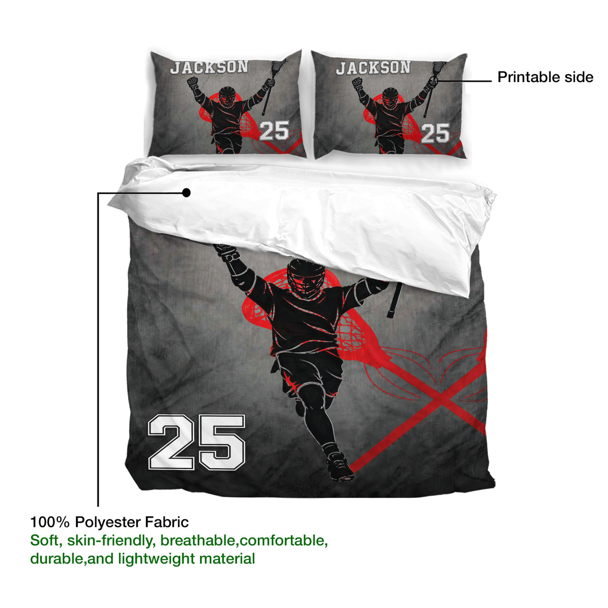 Lacrosse duvet cover set detail showing printable artwork and soft polyester fabric information