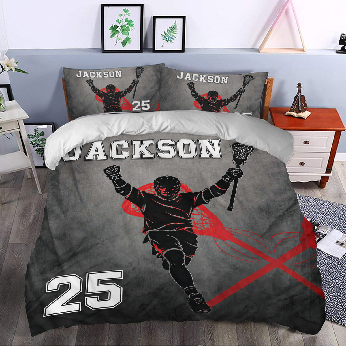 Lacrosse duvet cover bedding set styled in a bedroom with dramatic black, gray, and red artwork