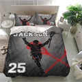 Lacrosse bedding set displayed in a bright bedroom with matching player artwork on pillows