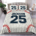 Custom baseball duvet cover set displayed on a bed with pinstripes, red stitching, and bold navy artwork