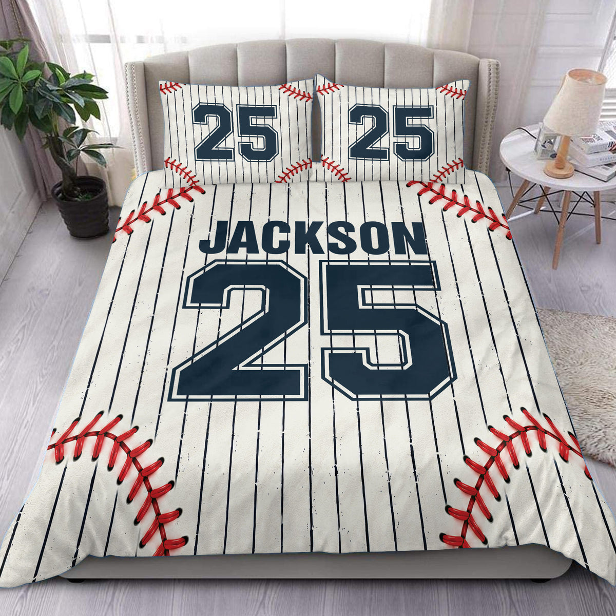 Custom baseball duvet cover set displayed on a bed with pinstripes, red stitching, and bold navy artwork