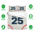 Baseball duvet cover bedding set shown with matching pillowcases and bold pinstripe artwork