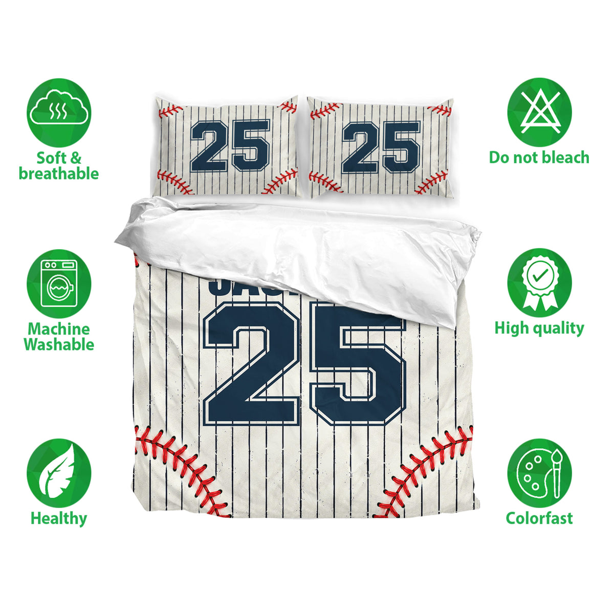Baseball duvet cover bedding set shown with matching pillowcases and bold pinstripe artwork
