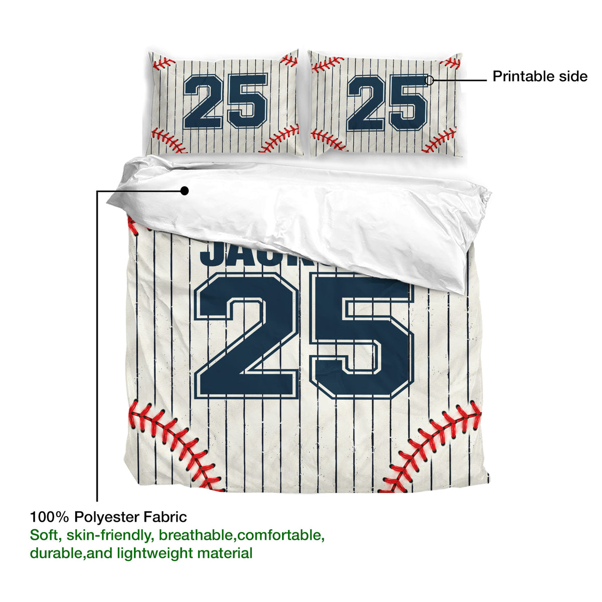 Baseball bedding set detail showing the printable duvet cover side, soft fabric, and matching pillowcases