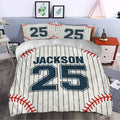 Baseball duvet cover styled in a bedroom with pinstripes, red stitching, and bold navy jersey-inspired artwork