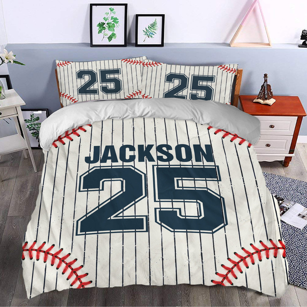 Baseball duvet cover styled in a bedroom with pinstripes, red stitching, and bold navy jersey-inspired artwork