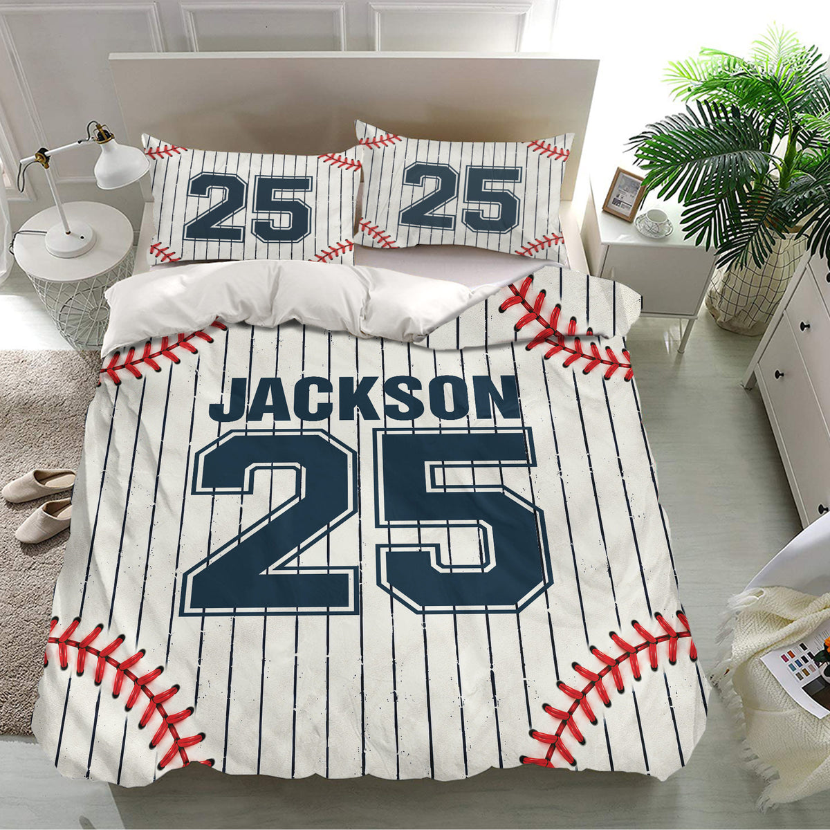 Custom baseball duvet cover bedding set presented in a bright bedroom with matching pillowcases