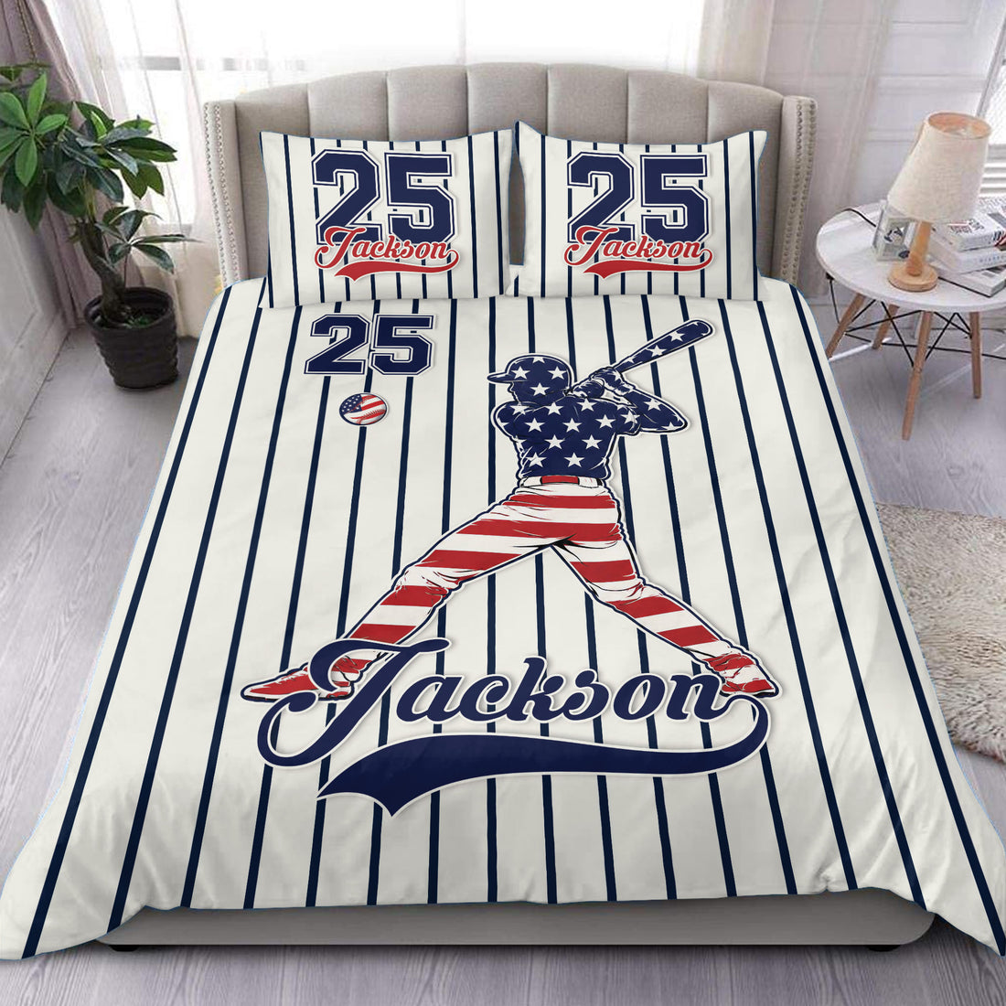 Custom baseball duvet cover set with navy pinstripes, red accents, bat-and-ball artwork, and matching pillowcases