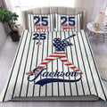 Custom baseball duvet cover set with navy pinstripes, red accents, bat-and-ball artwork, and matching pillowcases