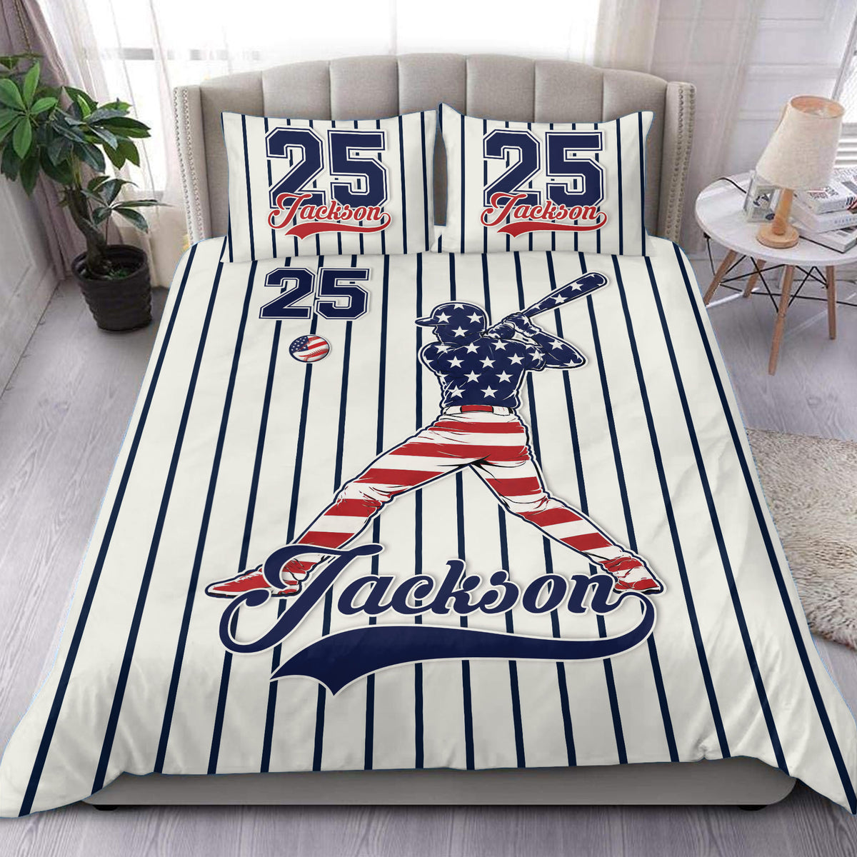 Custom baseball duvet cover set with navy pinstripes, red accents, bat-and-ball artwork, and matching pillowcases