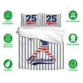 Baseball duvet cover set displayed with matching pillowcases and a bold navy, white, and red player design