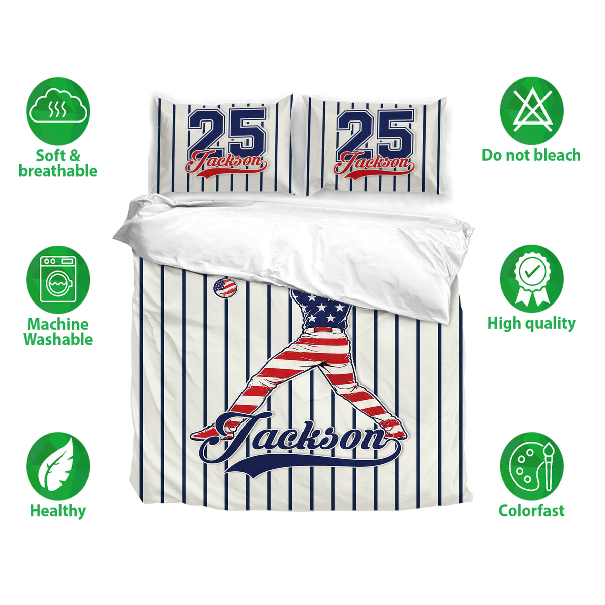 Baseball duvet cover set displayed with matching pillowcases and a bold navy, white, and red player design