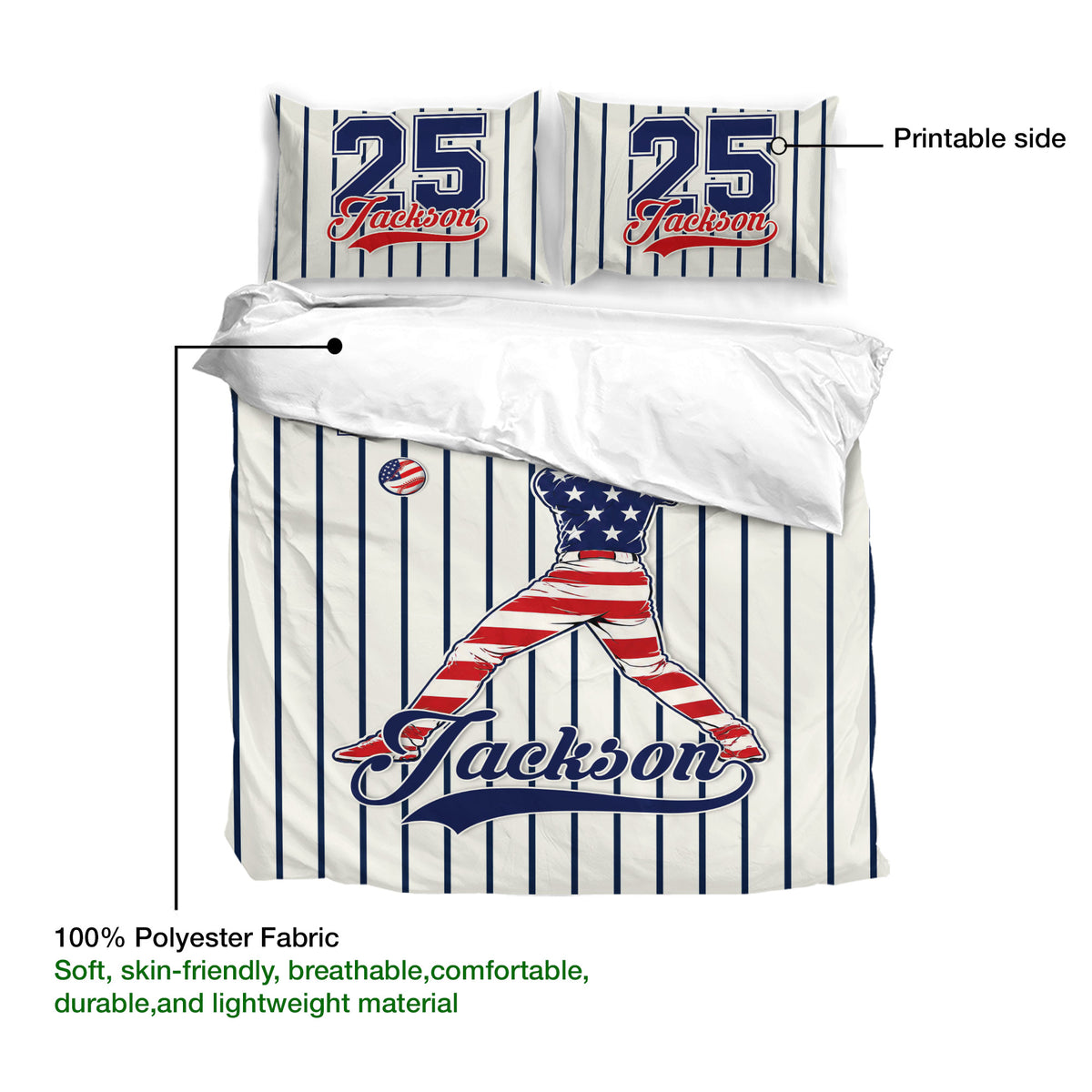 Baseball bedding set shown with striped duvet cover, matching pillowcases, and breathable printed fabric details