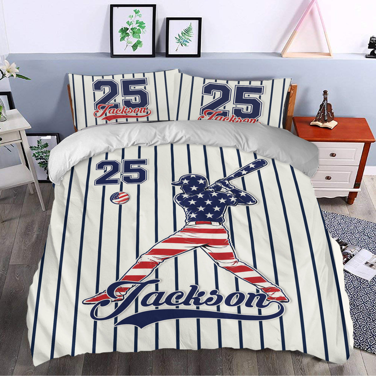 Baseball duvet cover in a styled bedroom, featuring a star-patterned batter, bat, ball, and classic pinstripes