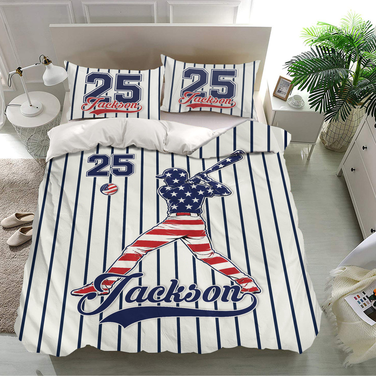 Baseball bedding displayed in a bright bedroom with navy pinstripes, red accents, batter artwork, and matching pillows