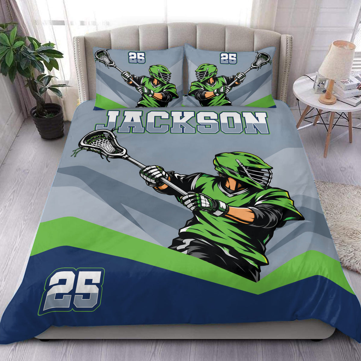 Lacrosse duvet cover set displayed on a bed with green player artwork, crossed sticks, blue accents, and bold athletic styling