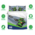 Lacrosse bedding set shown with matching player-print pillowcases and a blue, green, gray, and navy design