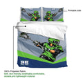 Lacrosse duvet cover set detail showing the printable side, bold player artwork, and lightweight polyester fabric