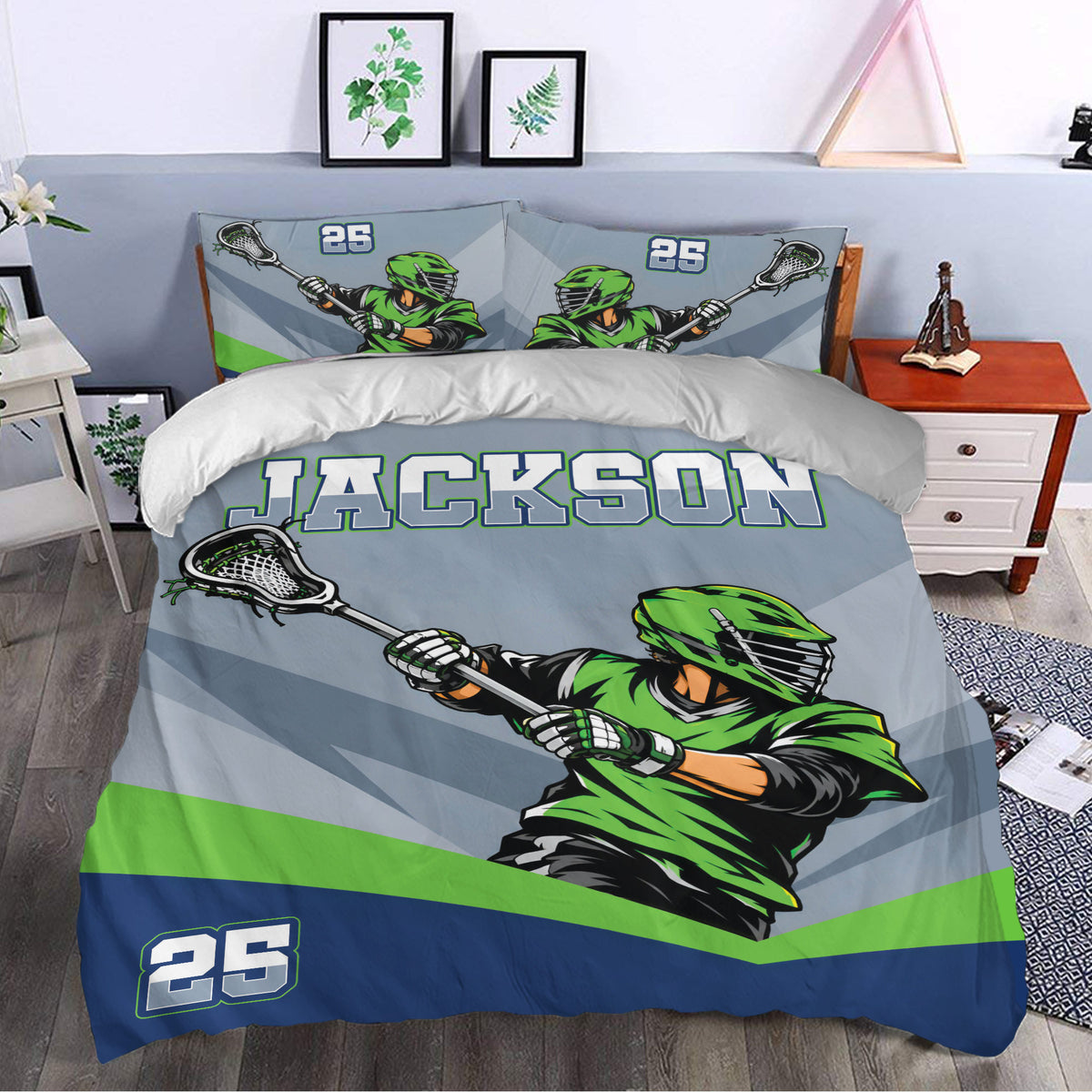 Lacrosse duvet cover bedding set styled in a bedroom with green helmet artwork, navy borders, and geometric accents
