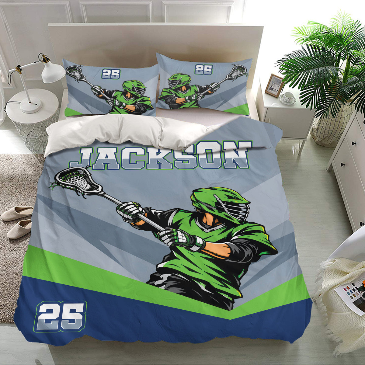 Lacrosse bedroom decor featuring a blue duvet cover set with green player artwork and matching lacrosse pillowcases