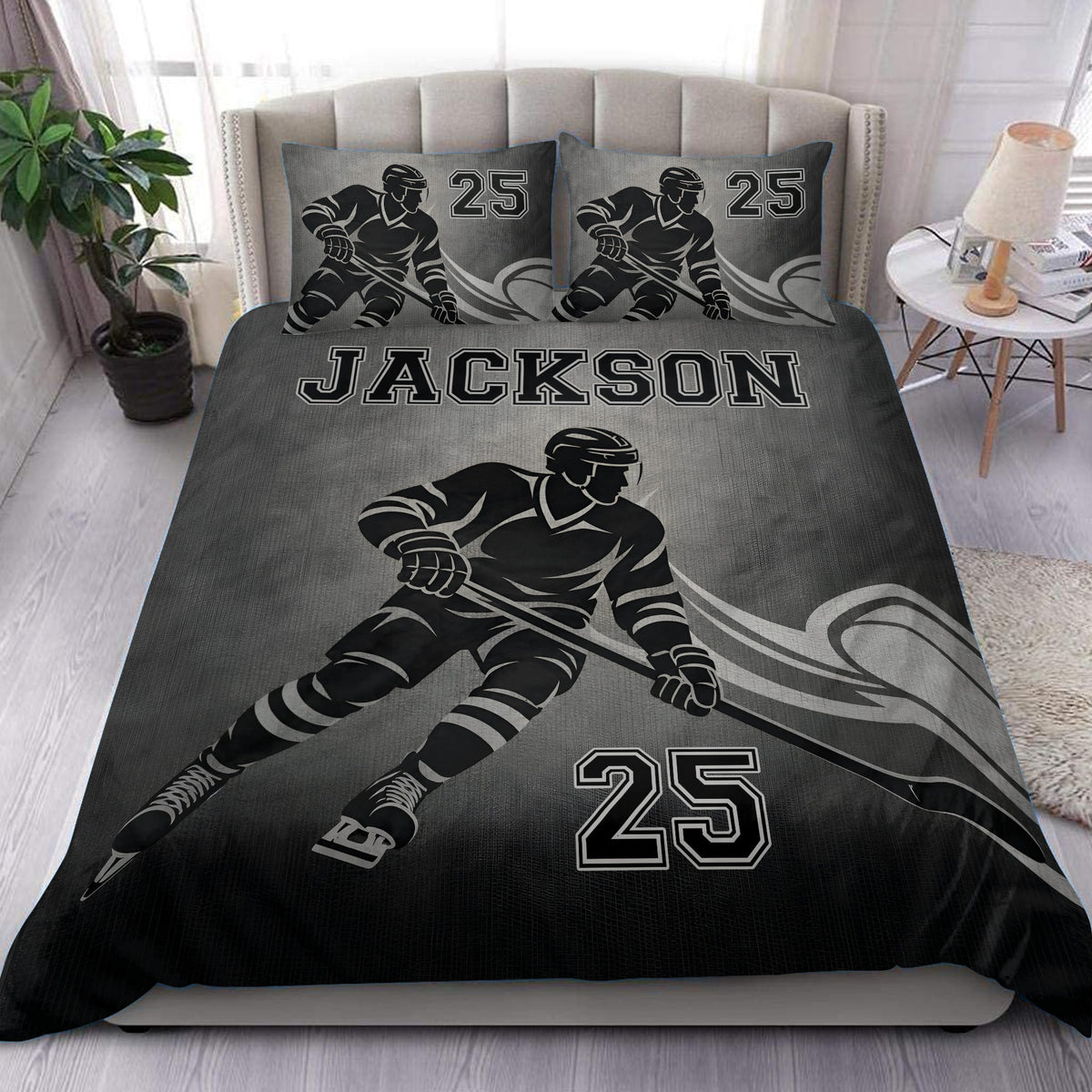 Black and gray hockey duvet cover set displayed on a bedroom with skater artwork and matching pillowcases