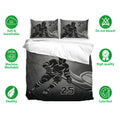 Hockey duvet cover bedding set shown with skater artwork, matching pillowcases, and soft breathable fabric icons