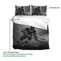 Hockey bedding set detail showing the printable skater artwork across the duvet cover and matching pillowcases