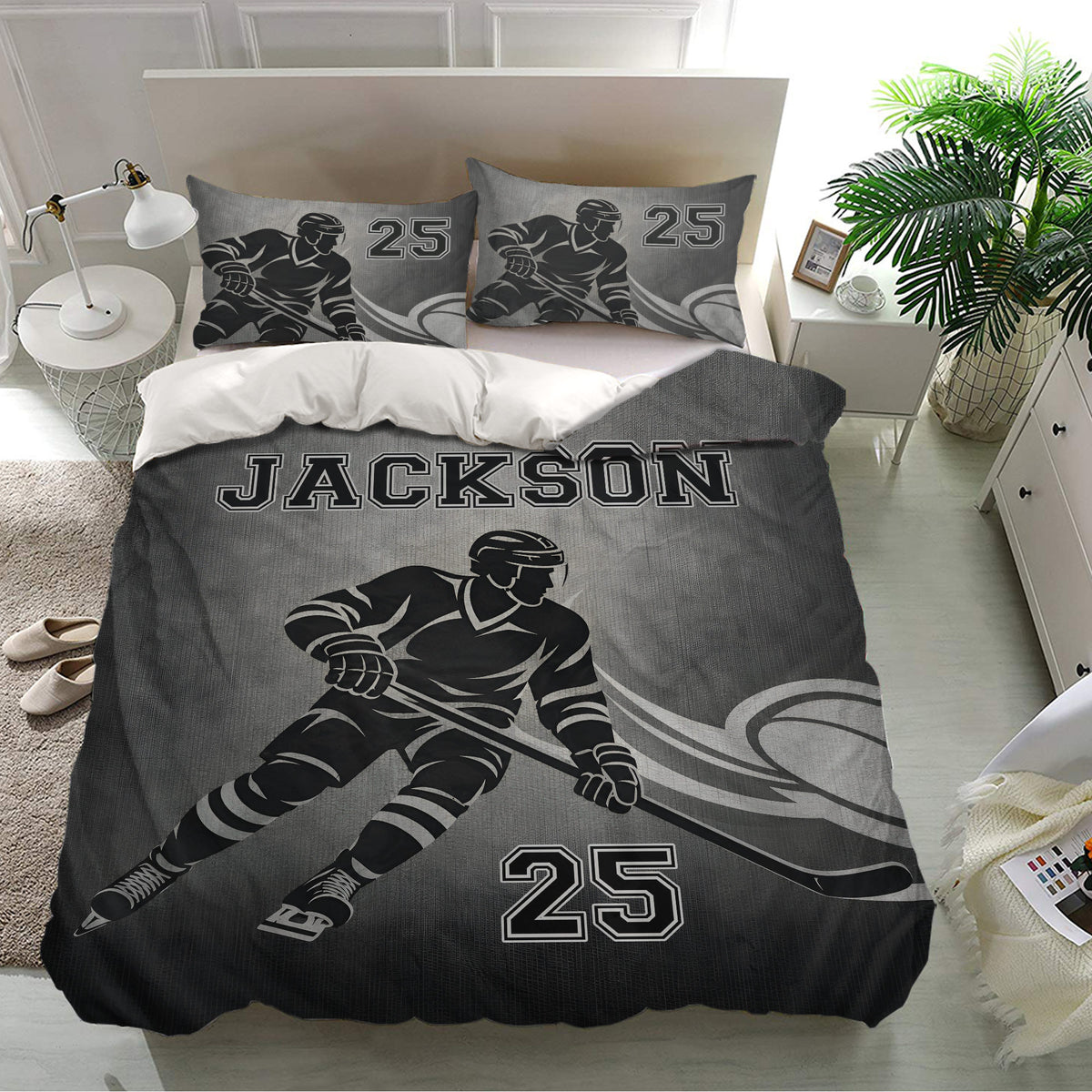 Hockey duvet cover bedding set displayed in a modern bedroom with matching skater pillowcases and dark gray design