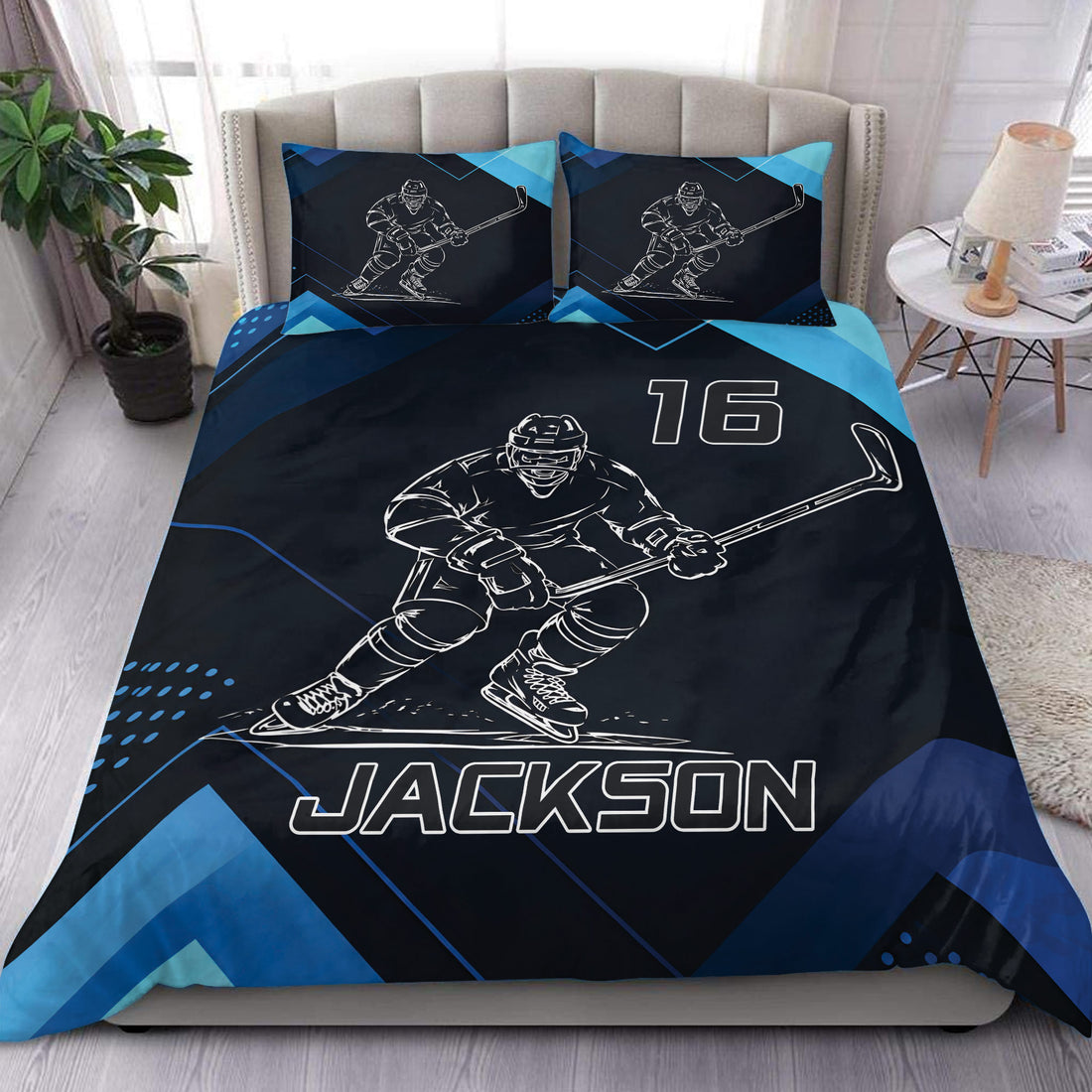 Custom hockey duvet cover set in navy and blue with an ice hockey player design and matching pillowcases