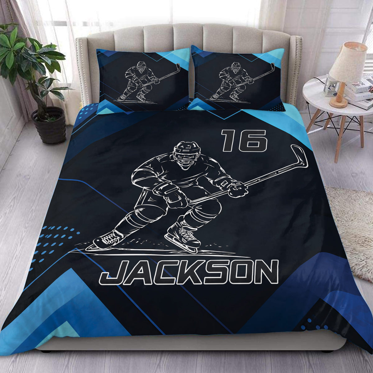 Custom hockey duvet cover set in navy and blue with an ice hockey player design and matching pillowcases