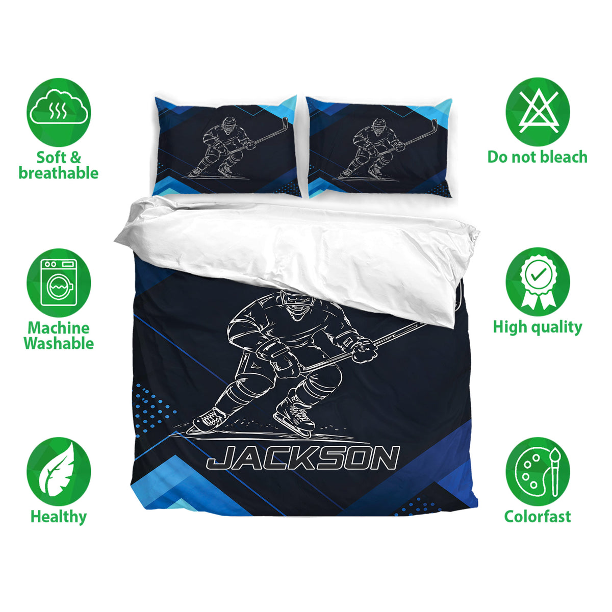 Hockey duvet cover bedding set displayed with matching pillowcases and soft, breathable fabric feature icons