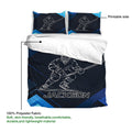 Hockey duvet cover set with navy blue geometric artwork, ice hockey player illustration, and breathable fabric callout
