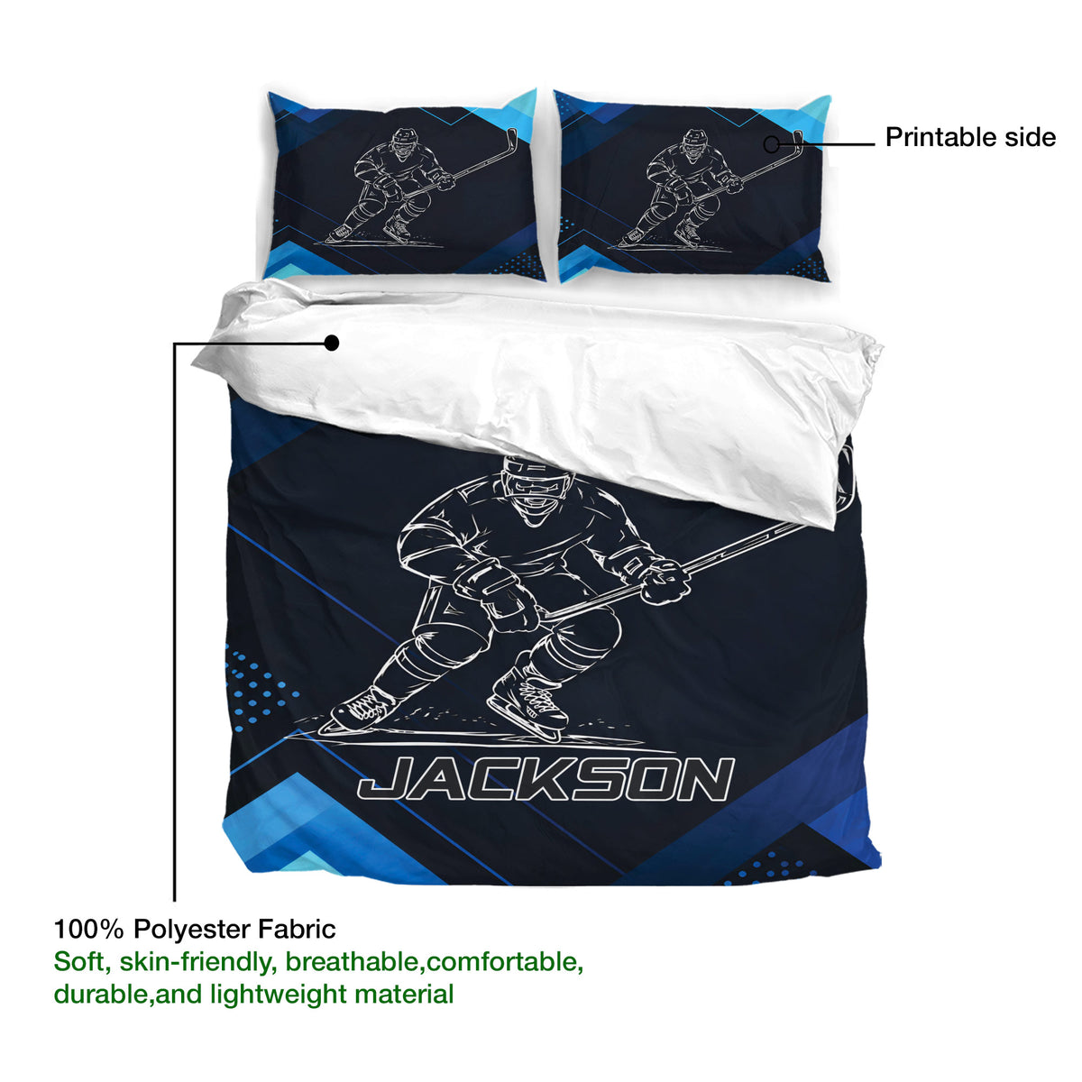 Hockey duvet cover set with navy blue geometric artwork, ice hockey player illustration, and breathable fabric callout