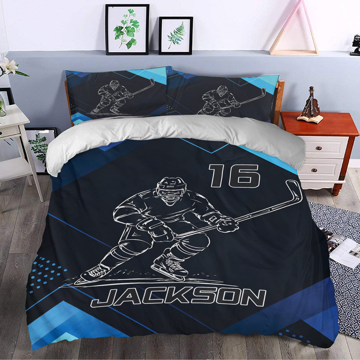 Hockey bedding set styled in a bedroom with an ice hockey player, stick, skates, and blue geometric accents