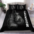 Black boxing duvet cover set displayed on a bed with detailed gloves and boots artwork