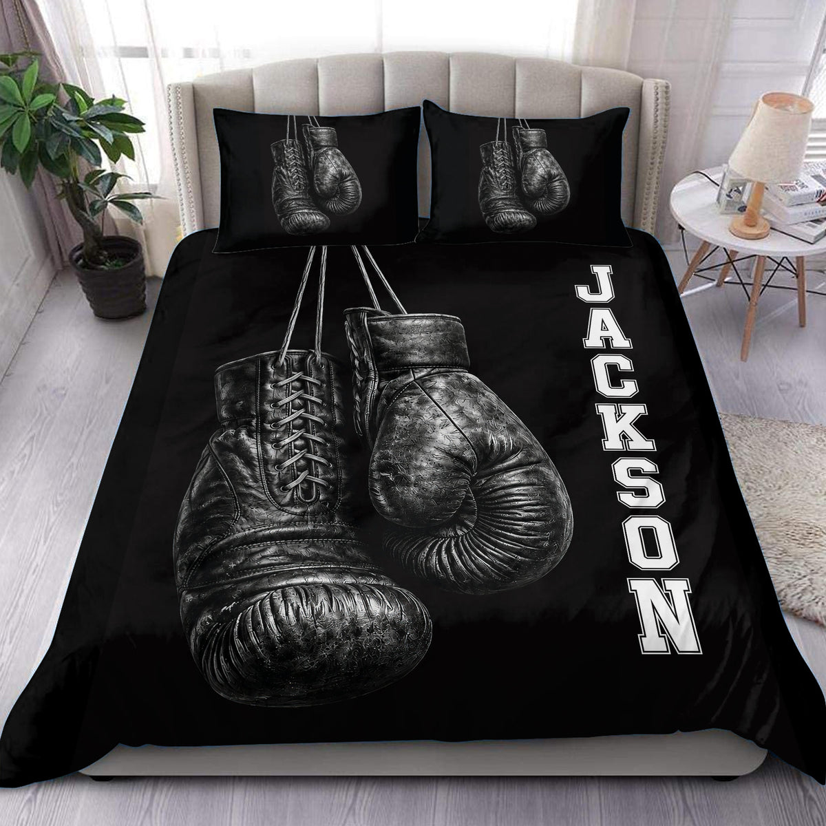 Black boxing duvet cover set displayed on a bed with detailed gloves and boots artwork
