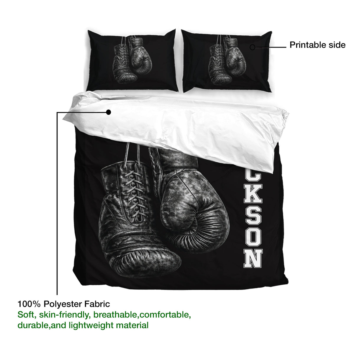 Boxing duvet cover set showing the printable side and black-and-gray glove artwork