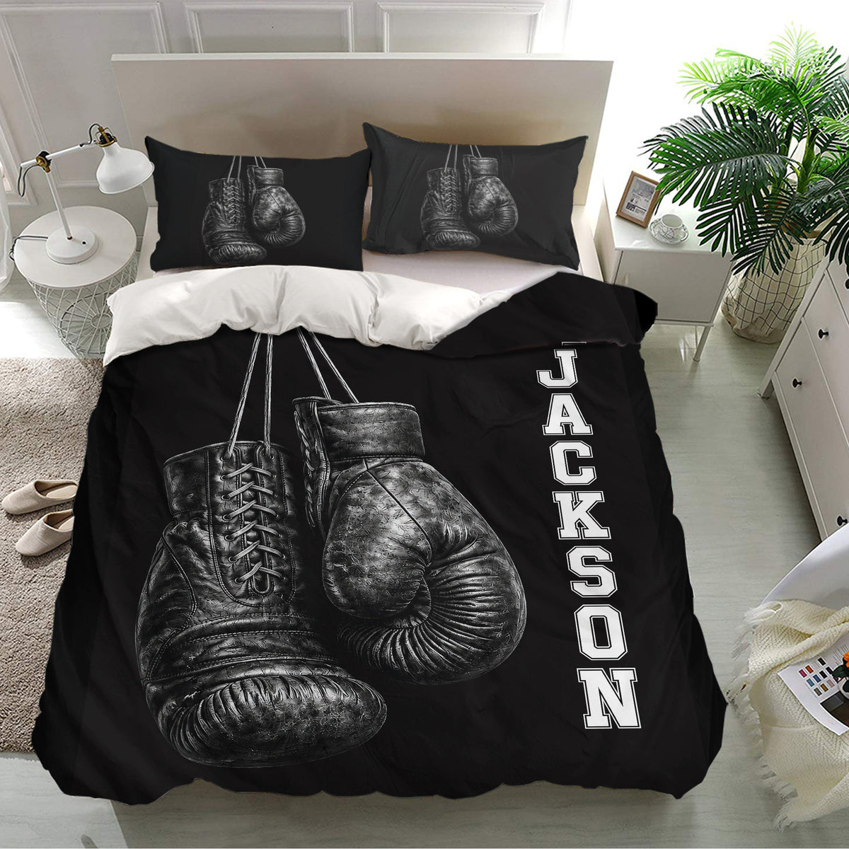 Boxing-themed duvet cover set presented in a bright bedroom with matching glove artwork on pillows