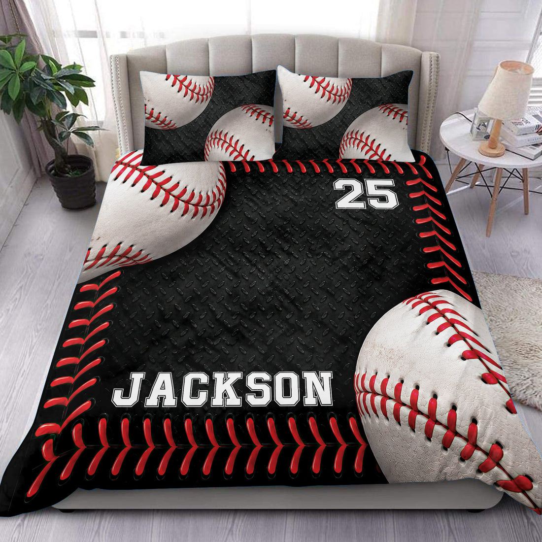 Baseball duvet cover set displayed on a bed with black textured artwork, red stitching, and baseball graphics