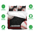 Baseball duvet cover bedding set shown with matching pillowcases and soft, breathable fabric feature icons