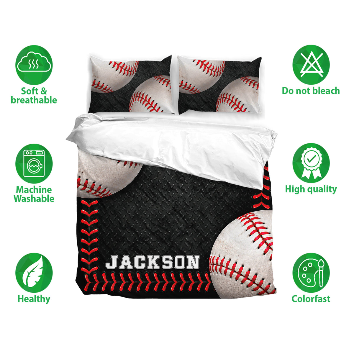 Baseball duvet cover bedding set shown with matching pillowcases and soft, breathable fabric feature icons
