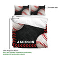 Baseball duvet cover set showing the printable side, matching pillowcases, and lightweight polyester fabric details