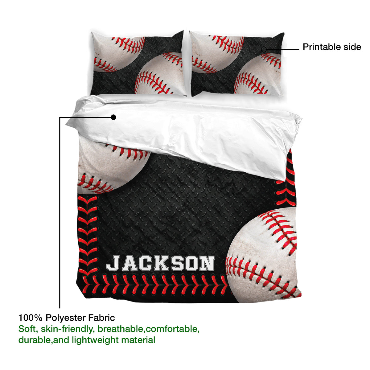 Baseball duvet cover set showing the printable side, matching pillowcases, and lightweight polyester fabric details