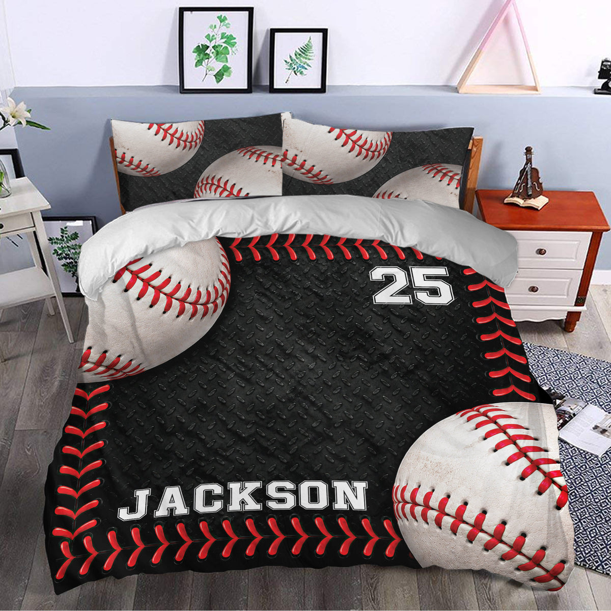 Baseball bedding set styled in a bedroom with large baseball graphics, red accents, and a bold black background